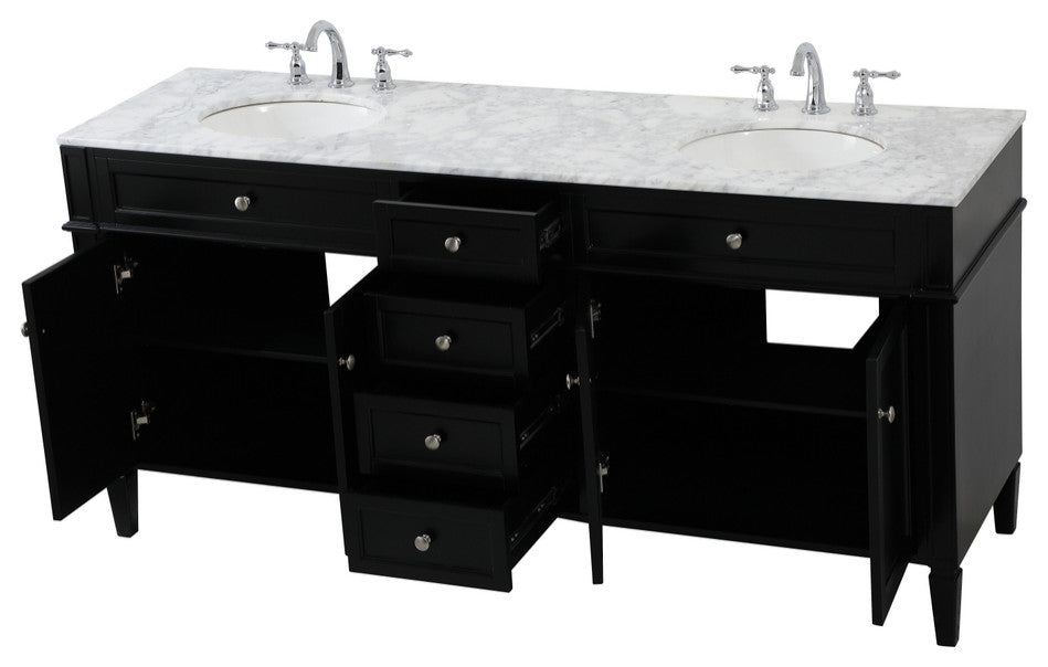 Home Living Vanity with Carrara White Marble Countertop, Black, 72", Double Sink
