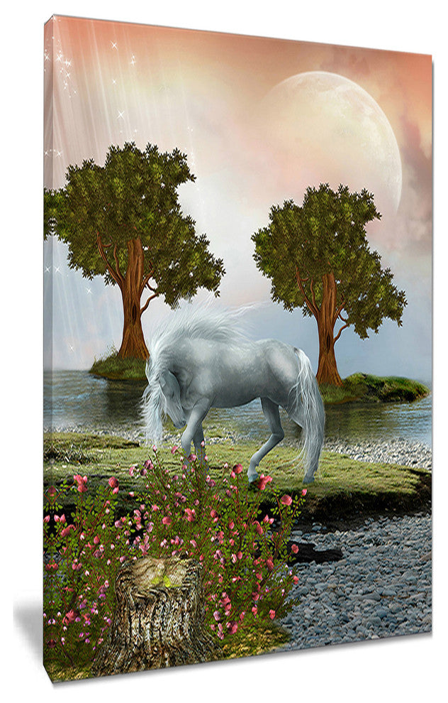 "White Horse and Green Trees" Landscape Art Canvas Print, 16"x32"