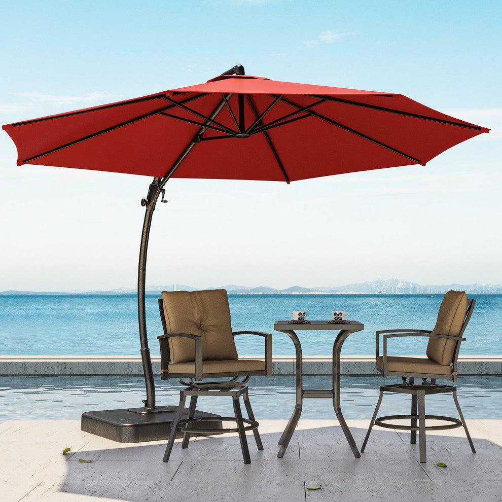 11' Outdoor Patio Hanging Cantilever Curvy Umbrella With 360 Rotation, Red