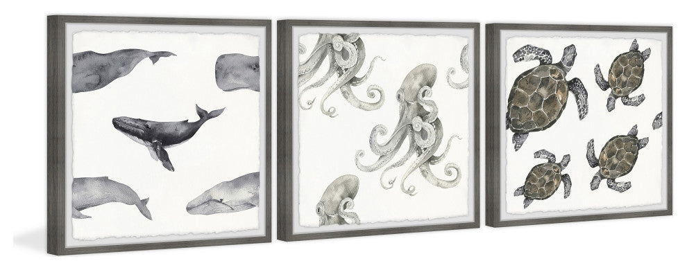 Whales and Octopus Triptych, 3-Piece Set, 12x12 Panels