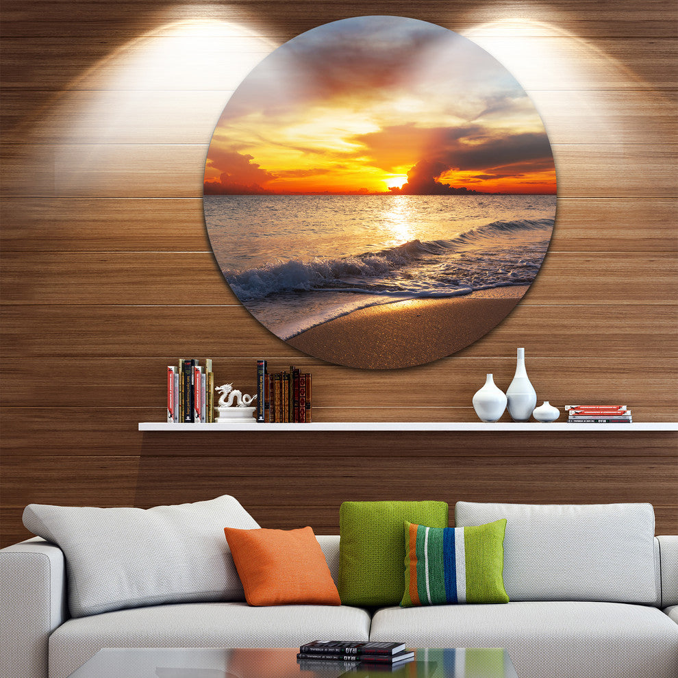 Yellow Sunset Over Gloomy Beach, Modern Beach Round Wall Art, 11"
