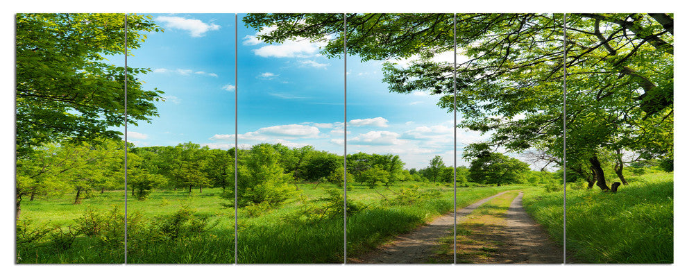 Green Forest Road and Blue Sky, Modern Landscape Canvas Art, 70"x28", 6 Panels