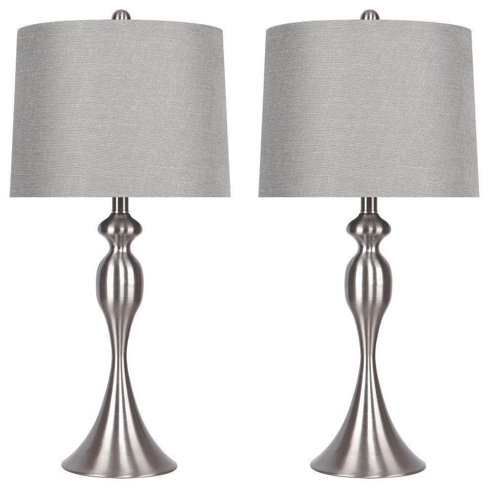 27" Curvy Brushed Nickel Table Lamps, Gray Textured Slub Linen Shades, Set of 2