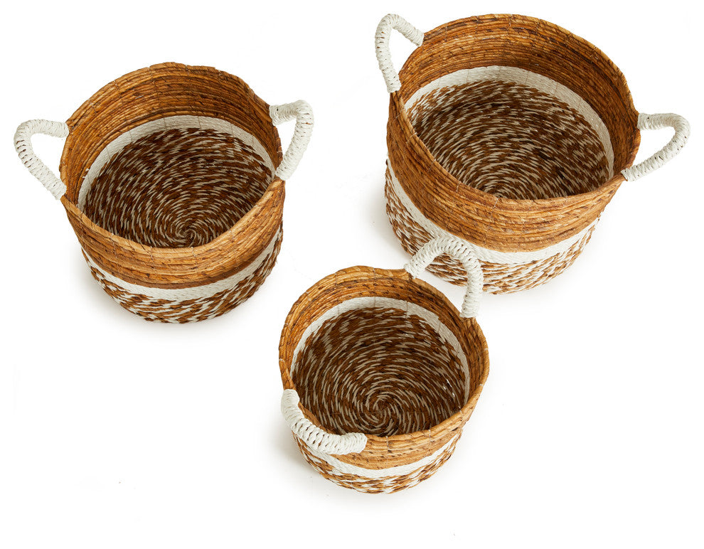 Set 3 Coastal Casual Natural Raffia Round White Stripe Tote Baskets Handle Large