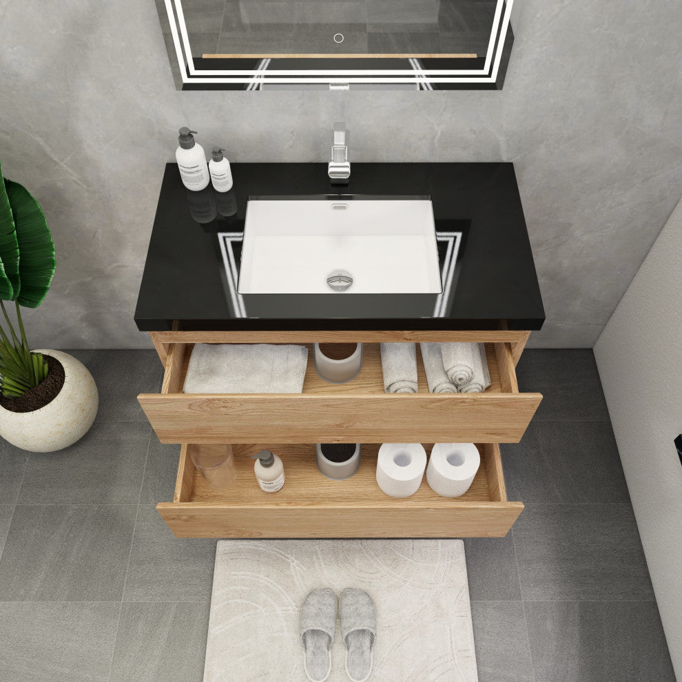 Belli 36" Wall Mounted Single Bathroom Vanity Set, England Oak, Matt Black Top