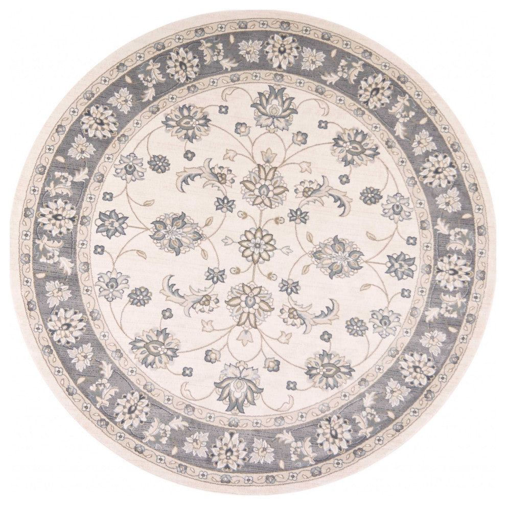 HomeRoots 8' Ivory Grey Machine Woven Floral Traditional Round Indoor Area Rug