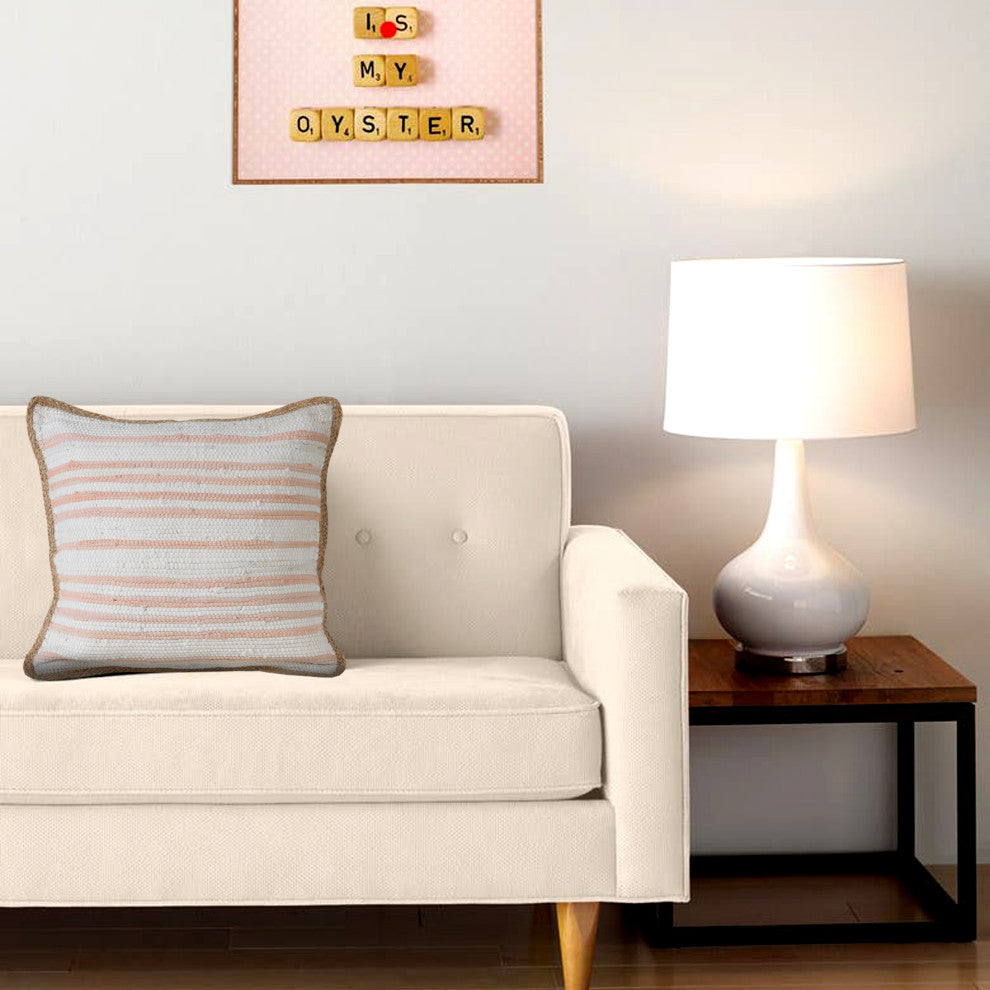 Coral Pink and White Striped Jute Bordered Throw Pillow