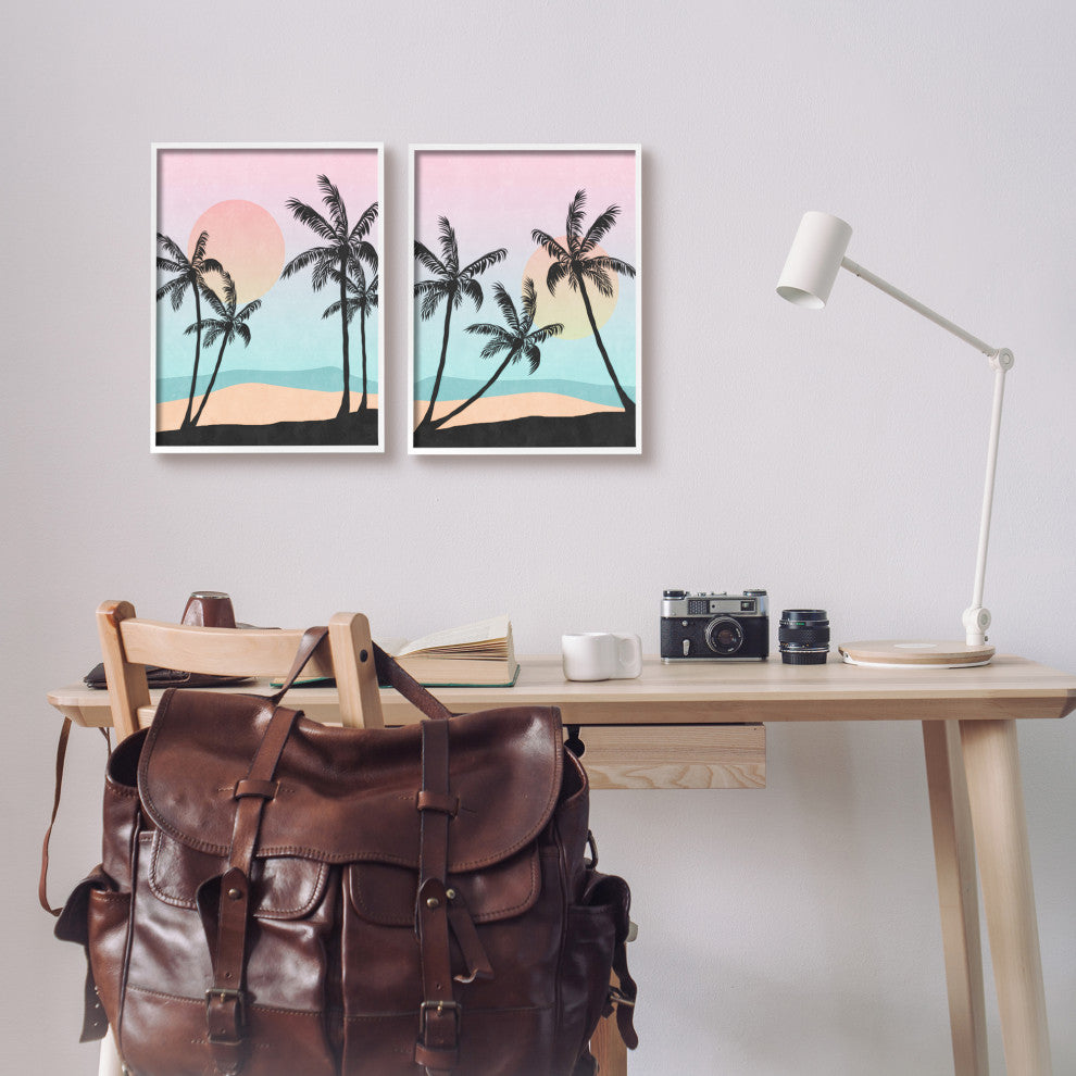 Tropical Sunset Sunrise Palm Tree Beach Illustration, 2pc, each 11 x 14
