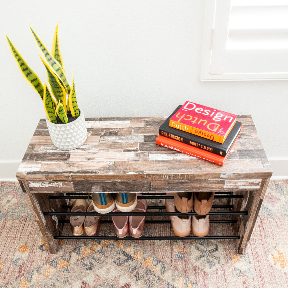Two-Tier Industrial Decorative Shoe Bench, Distressed Wood Finish