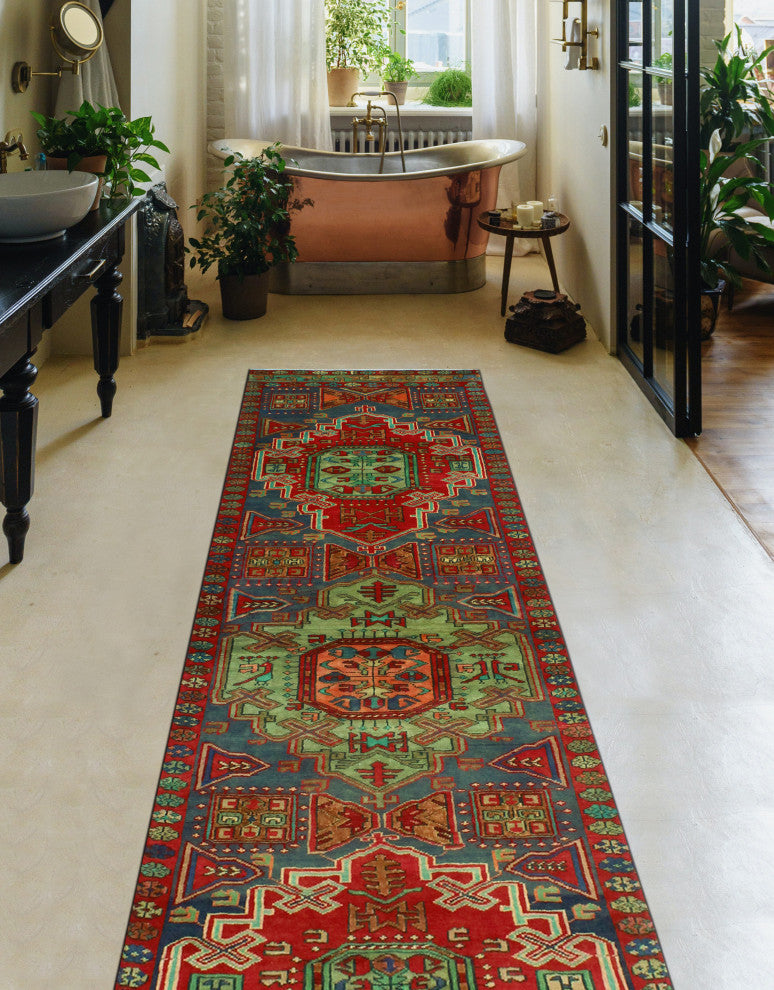 Fine Vintage Distressed Nurhan Navy/Red Runner, 3'1 x 10'4
