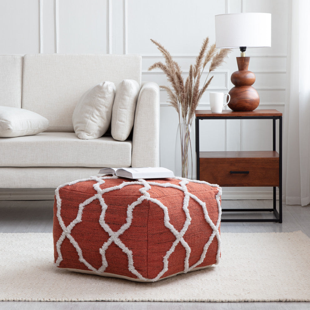 Crimson Dreams 22" x 22" x 16" Red and Ivory Pouf
