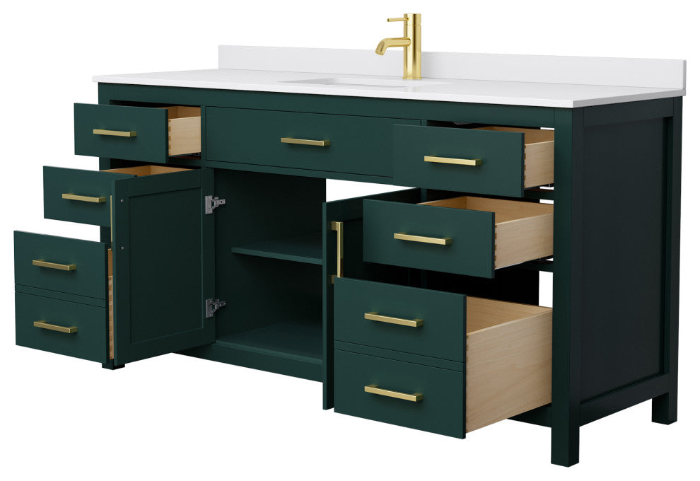 66" SGL Bathroom Vanity, Green, White Cult. Marble Countertop, Sink, Gold Trim
