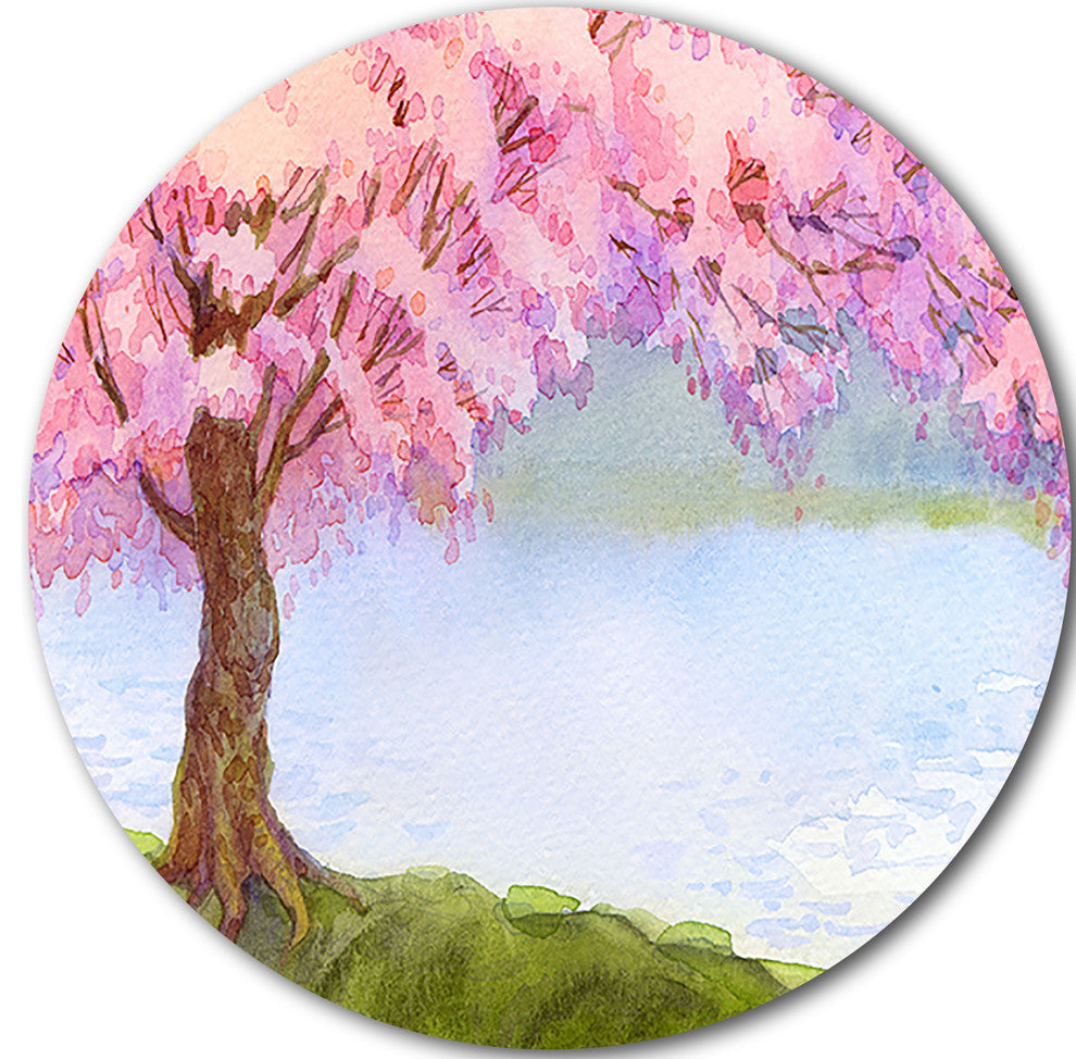 Flowering Pink Tree By Lake, Floral Disc Metal Artwork, 11"