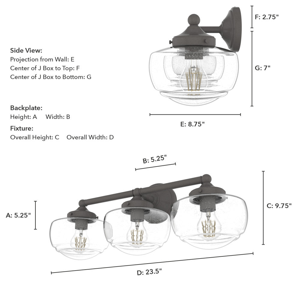 Saddle Creek Noble Bronze, Clear Seeded Glass 3 Light Vanity Wall Light
