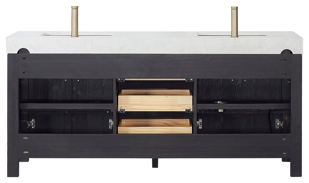 Leon Bath Vanity With Composite Stone Top, Fir Wood Black, 72", With Mirror