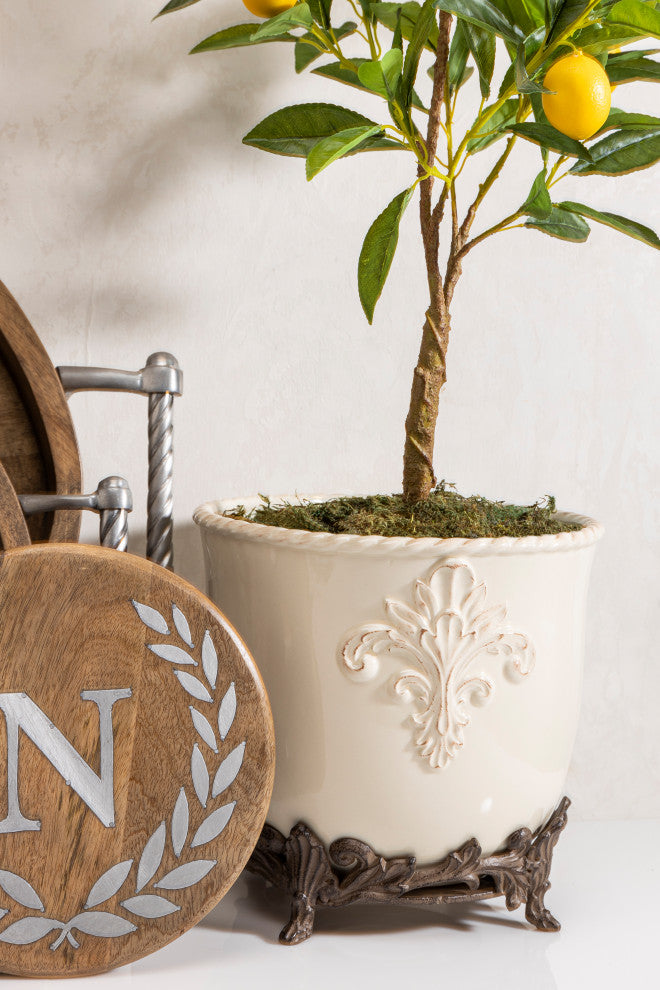 Cream Stoneware Planter With Metal Acanthus Leaf Base