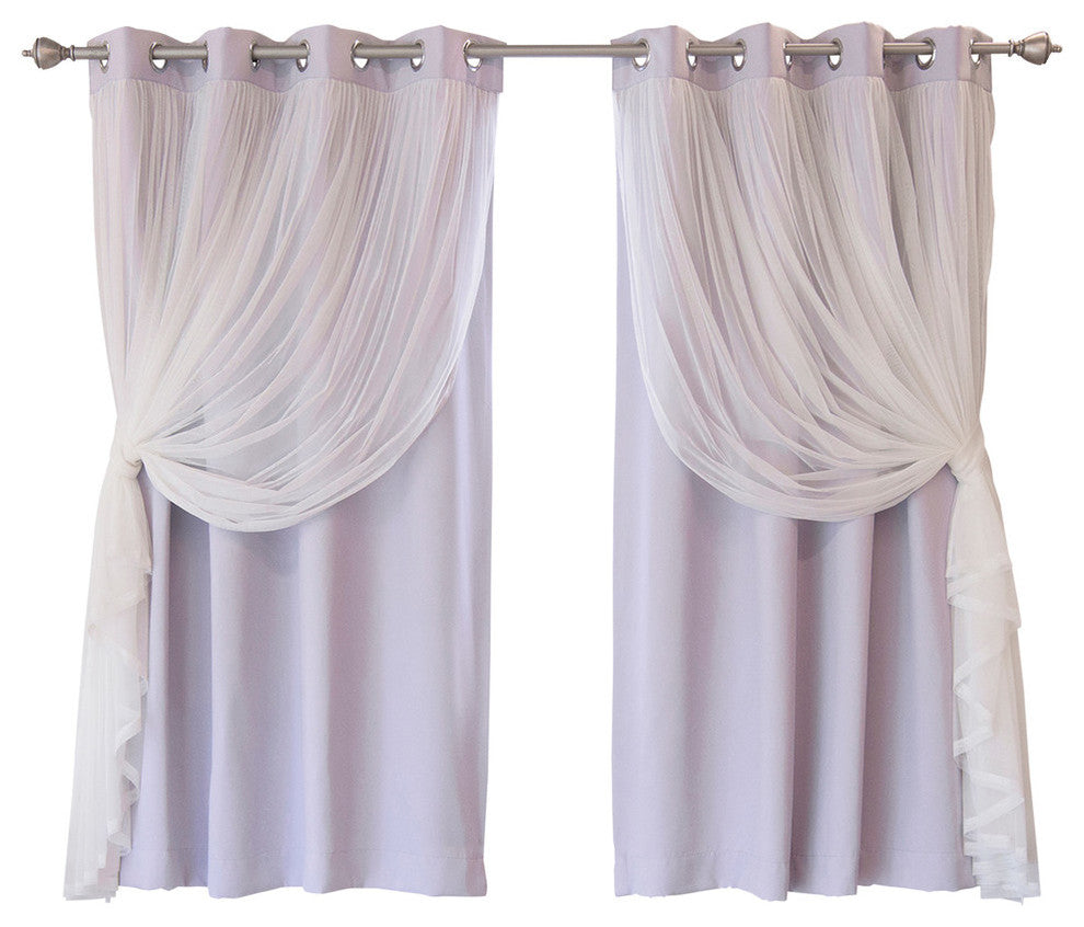 Grommet Blackout Curtains With Tulle Overlay, Lilac, 63"
