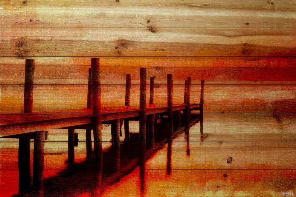 "Sunset Dock" Print on Natural Pine Wood, 45"x30"