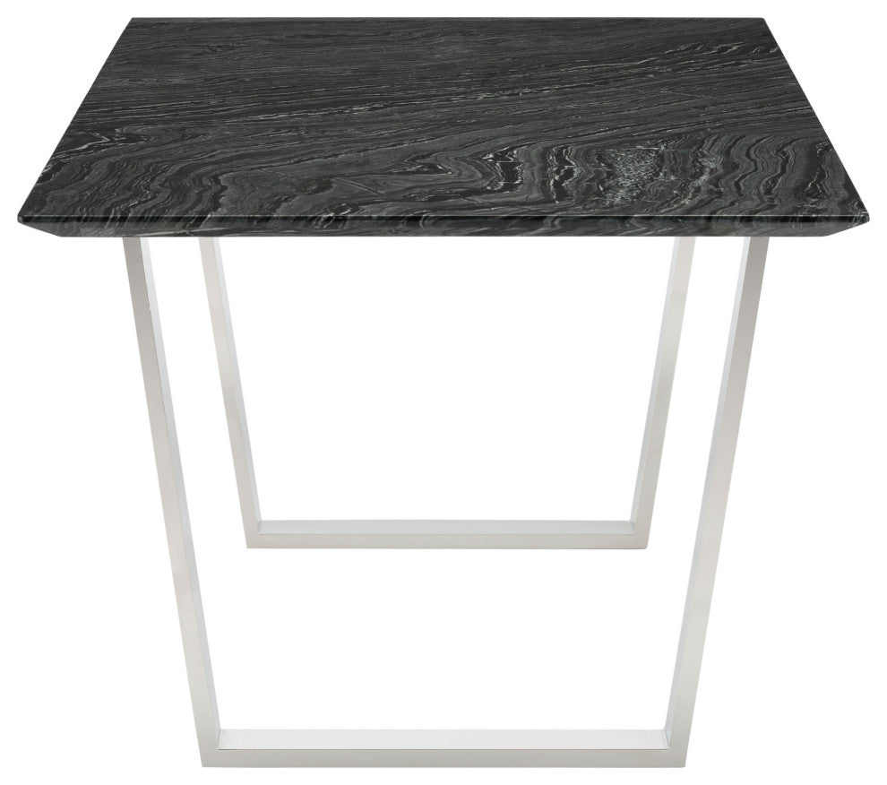 Catrine Dining Table in Black Wood Vein Marble and Polished Stainless Steel Base