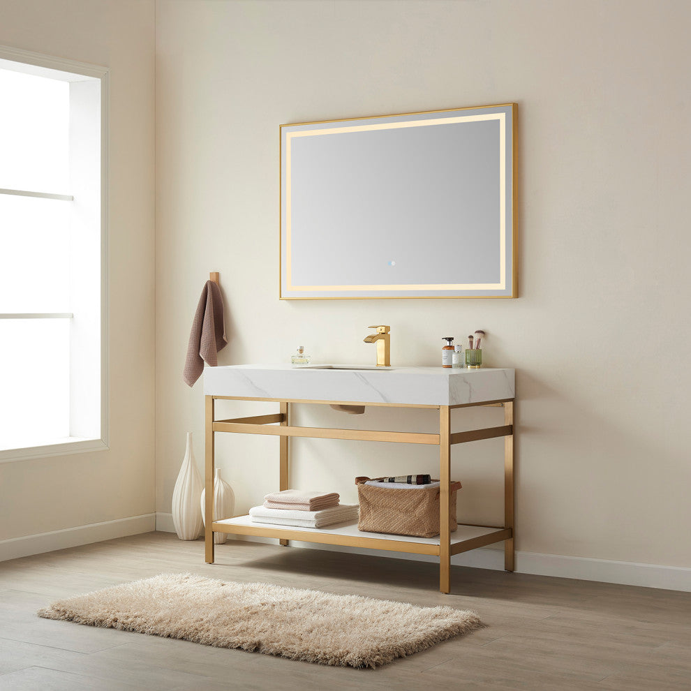 Funes Bath Vanity without Mirror, Brushed Gold Hardware, 48'', White Stone Top