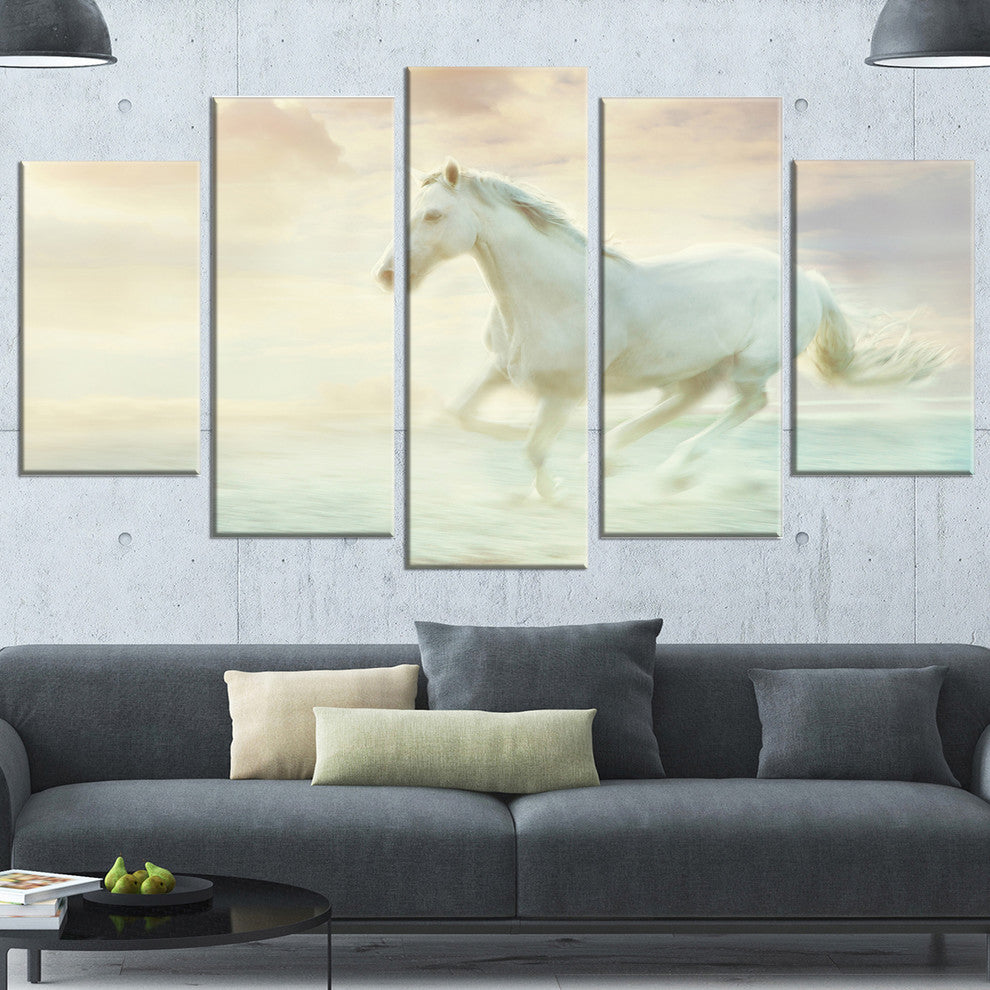 Fantasy White Horse, Animal Canvas Art Print, 60"x32", 5 Panels