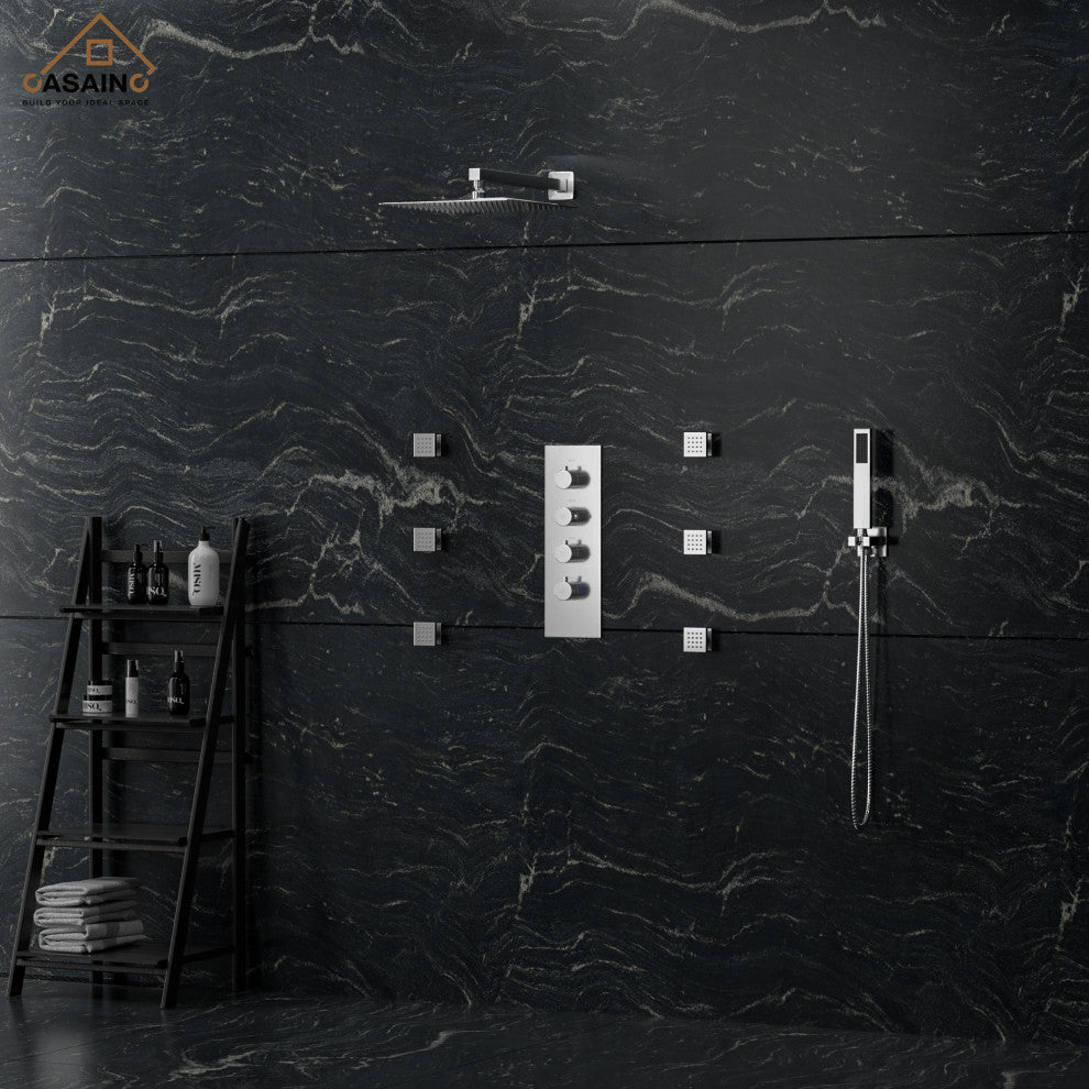 CASAINC 12" Wall Mounted Luxury Shower System Set w 6 Body Jets, Brushed Nickel