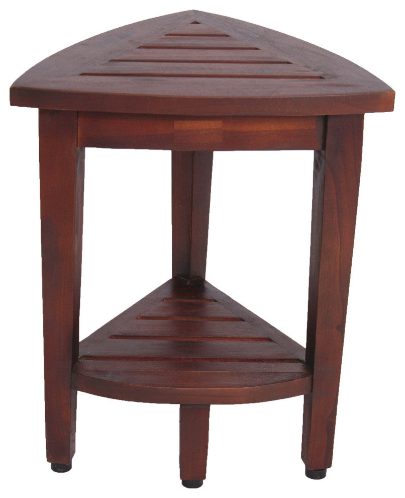 HomeRoots Compact Teak Corner Shower Outdoor Bench With Shelf, Brown Finish