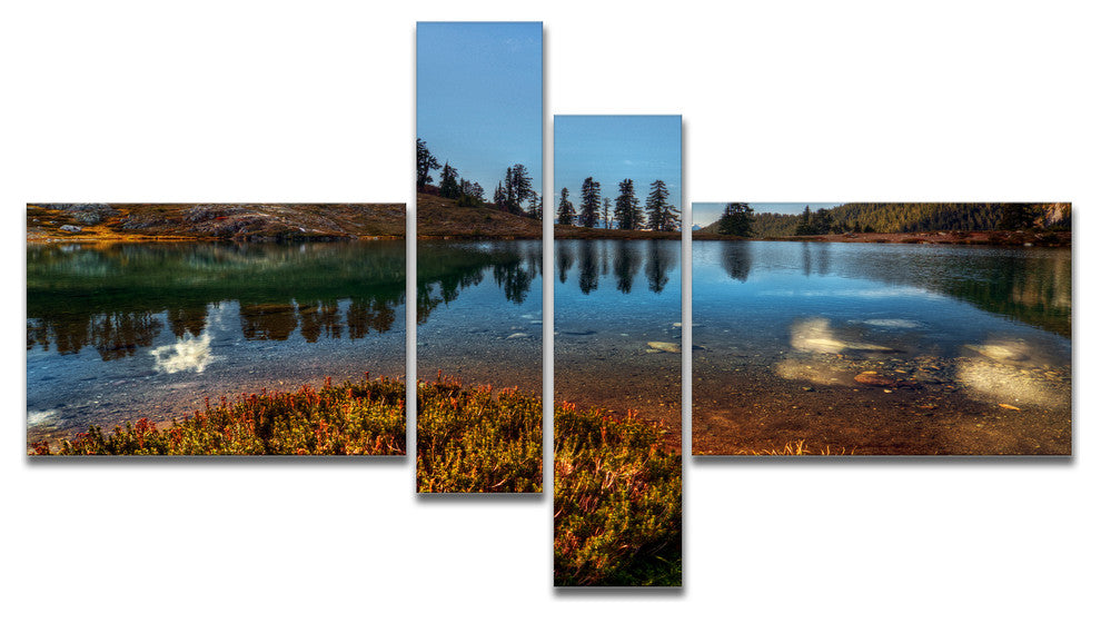 Calm Mountain Lake and Clear Sky, Landscape Canvas Art Print, 60"x32", 4 panels