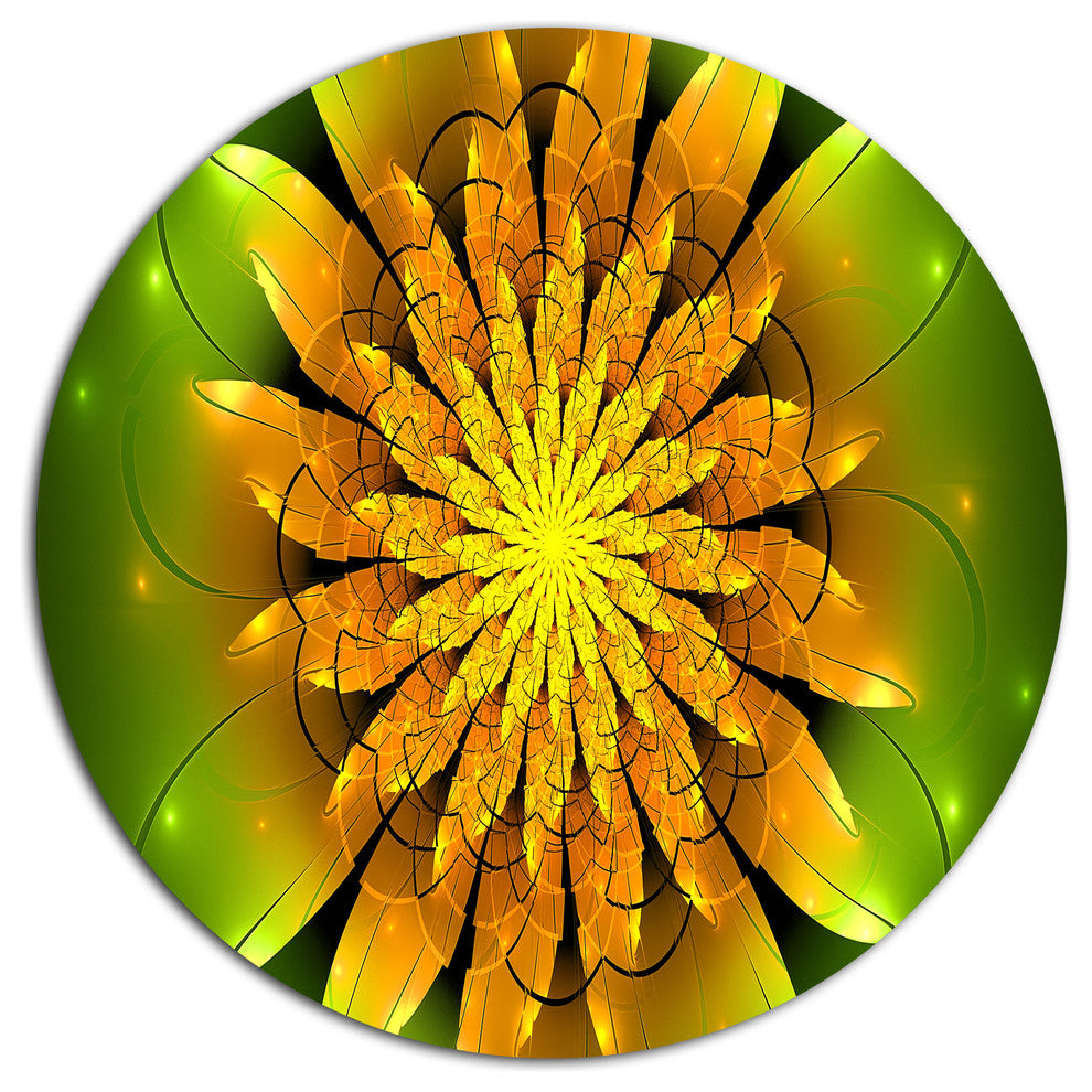 Bright Yellow Fractal Flower On Green, Flower Round Wall Art, 36"