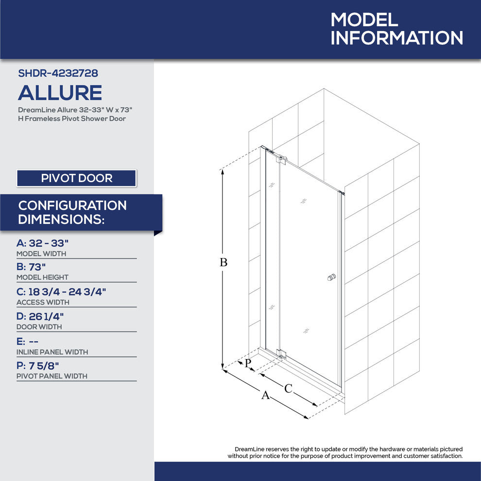 DreamLine 30 to 40, Frameless Pivot Shower Door, Clear Glass Door
