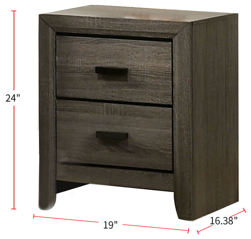 2 Drawers Wooden Nightstand With Black Rectangular Pulls, Gray