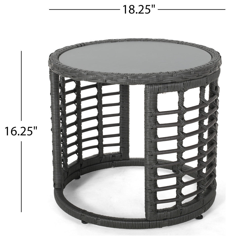 Anne Indoor Modern Boho Wicker Side Table With Tempered Glass Top, Gray