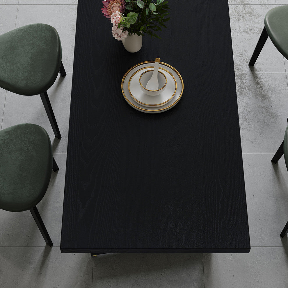 63" Rectangular Dining Table Black Solid Wood Table Top Square Metal Base, Black