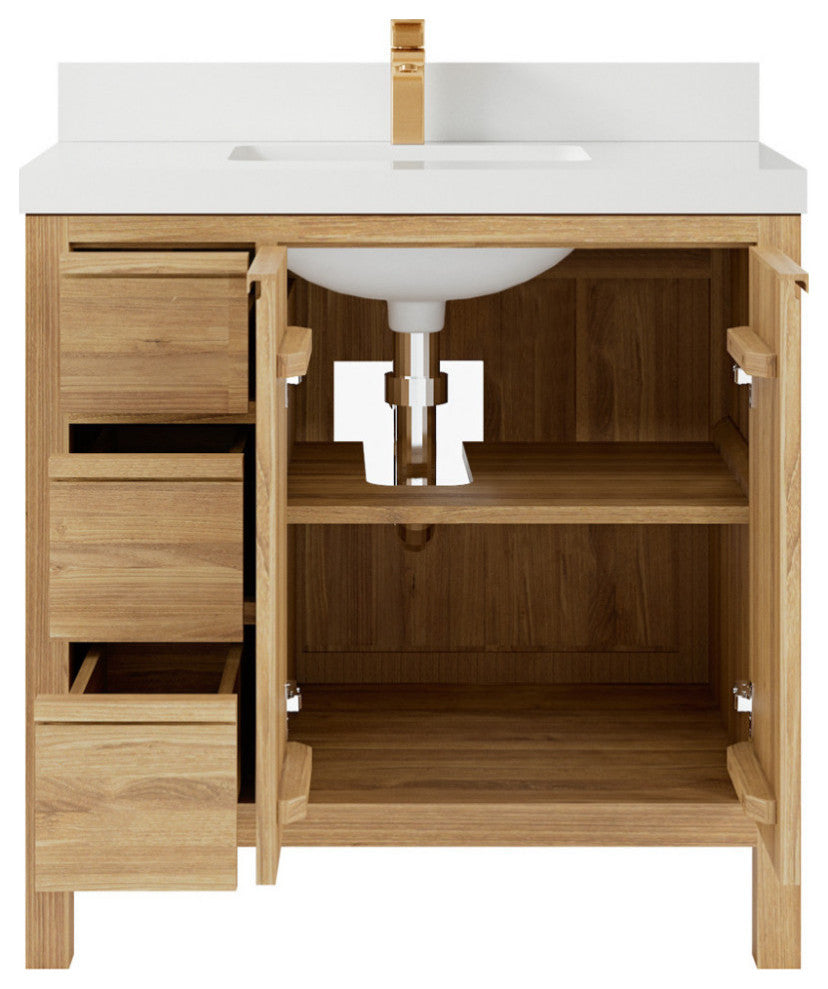 Elizabeth 36 Center Sink Bath Vanity in Light Natural Teak 2" White Quartz