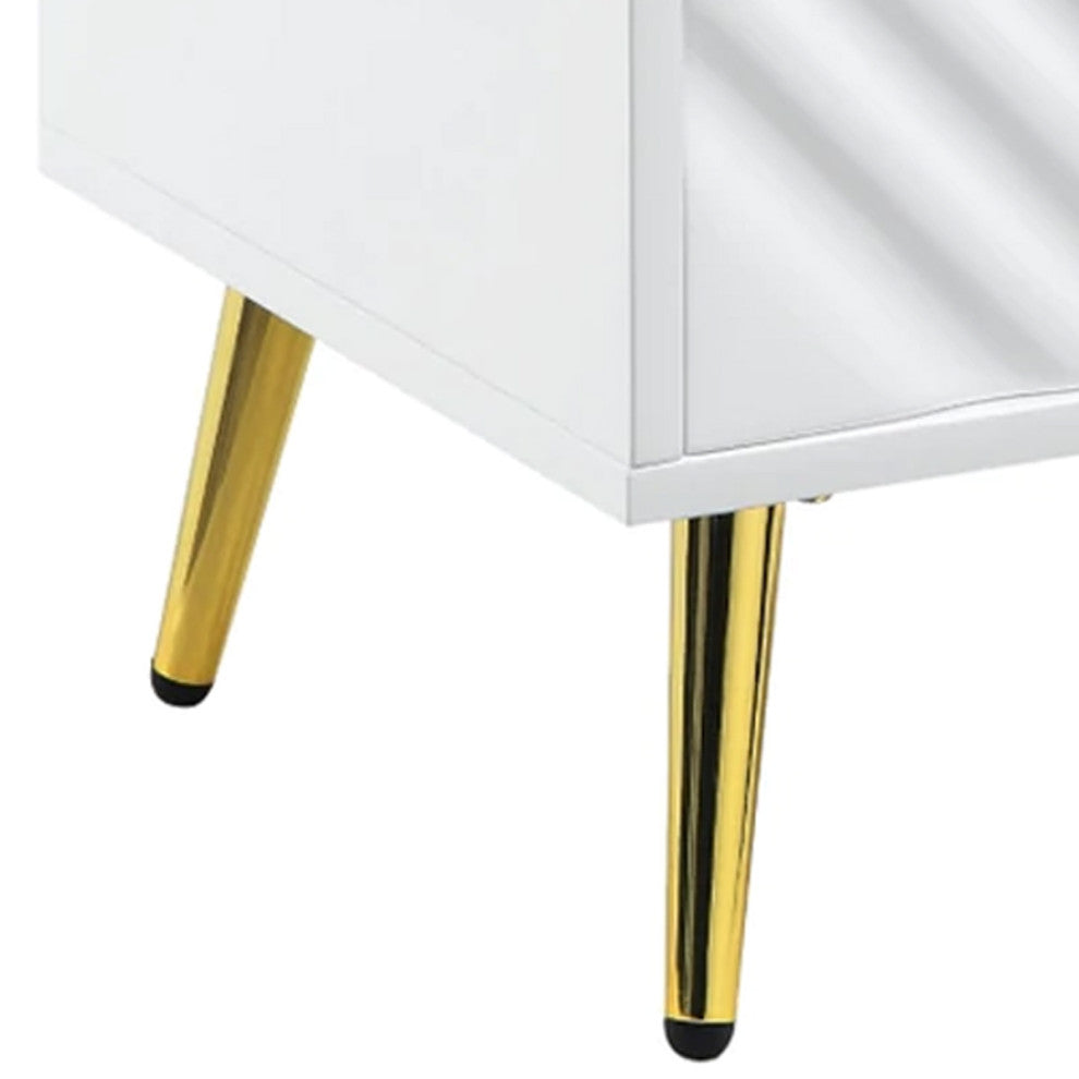 Tyra 22 Inch Wood End Table with Open Space, Wave Pattern, White, Gold