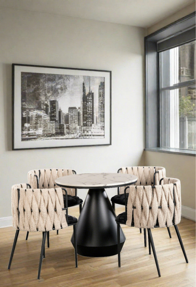5-Piece Gigi Marble Top Dining Set in Black, Black and White