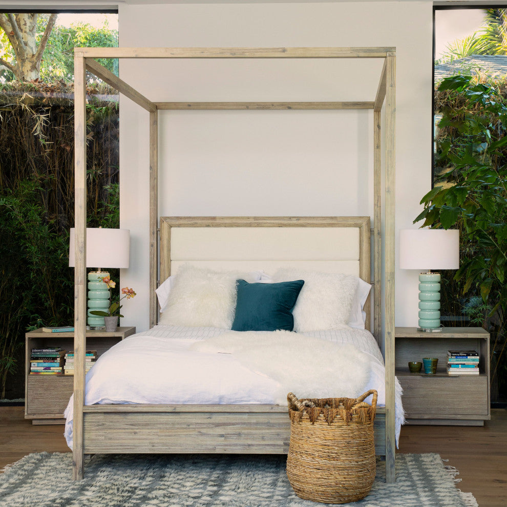 Finn Acacia Upholstered Headboard Platform Canopy Bed, Eastern King