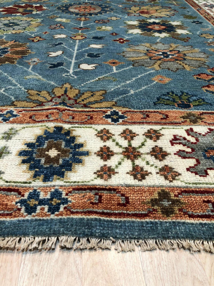Hand-Knotted Wool Blue/Ivory Traditional All Over Traditional Knot Rug, 10'x14'