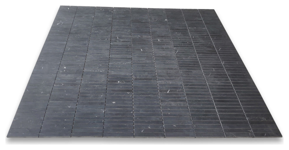 Nero Marquina Black Marble 5/8x4 Rectangular Stacked Mosaic Tile Honed, 1 sheet