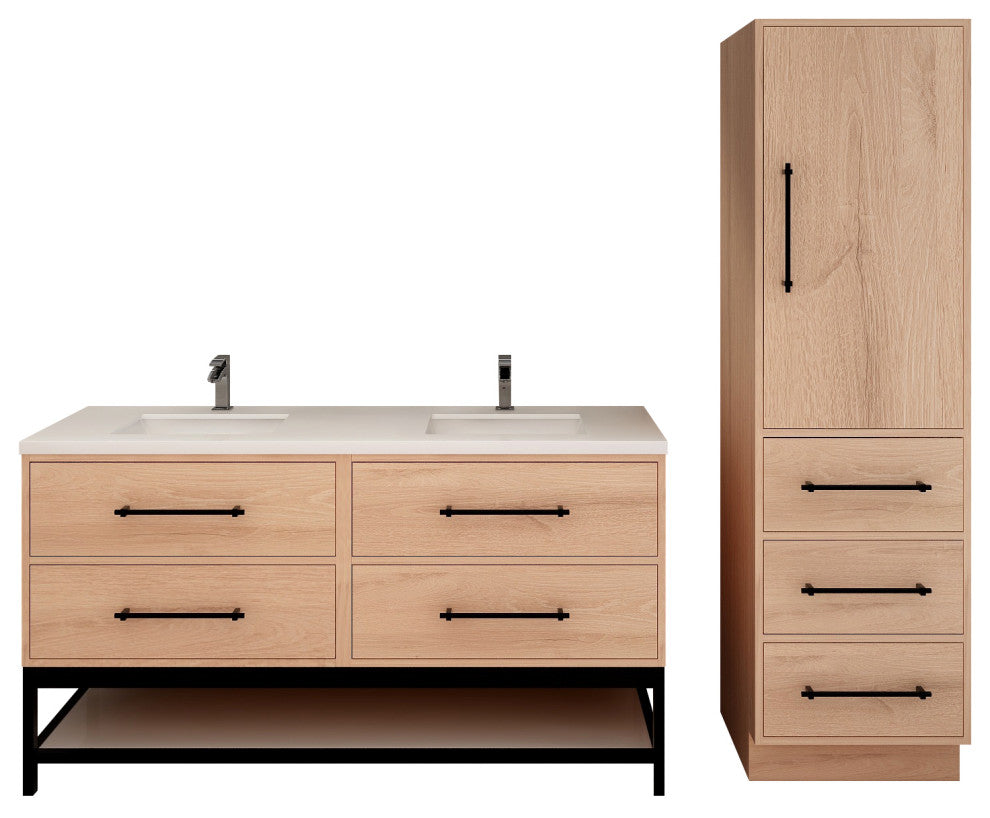 Victoria 60'' Double Sink Solid Wood Open Shelf Bath Vanity, Red Oak