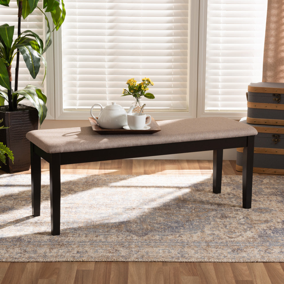 Bennington Transitional Sand Upholstered and Dark Brown Wood Dining Bench