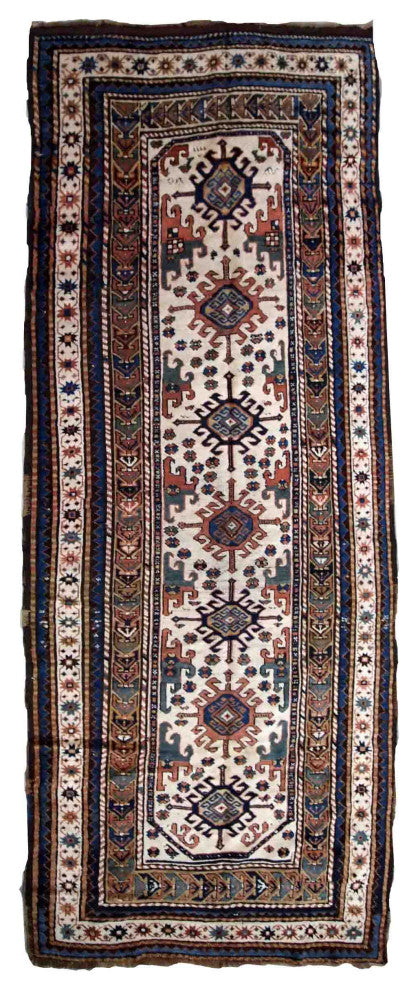 Handmade Antique Caucasian Kazak Rug, 4.2'x8.7', 128cmx265cm 1870s