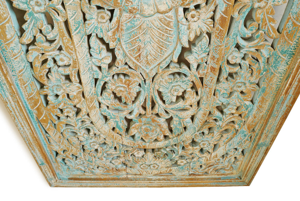 Consigned Blue Wash Wood Carved Panel