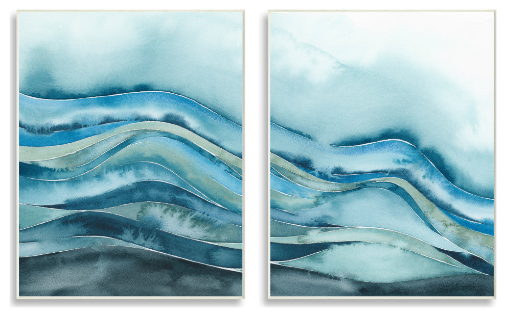 Abstract Blue Wave Seascape Tranquil Ocean Pattern, 2pc, each 13 x 19