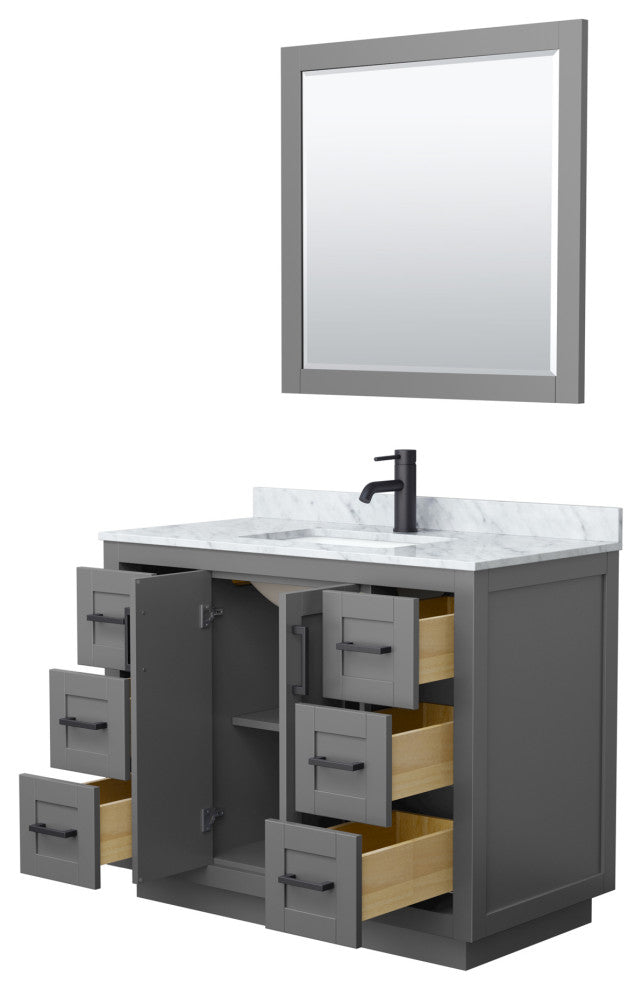 42"SGL Bathroom Vanity Dark Gray, Carrara Countertop, Sink, Black Trim,34"Mirror