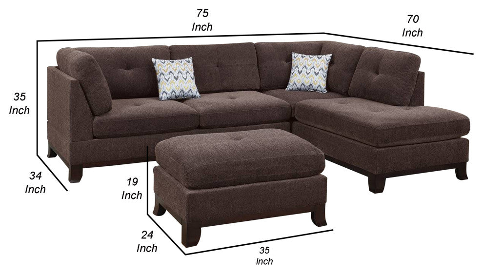 Benzara BM268879 3 Piece Sectional Sofa, Ottoman/Tufted Details, Dark Brown