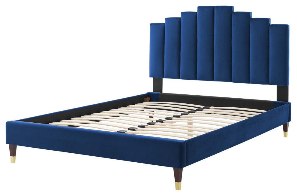 Platform Bed Frame, Queen Size, Velvet, Blue Navy, Modern Contemporary, Bedroom