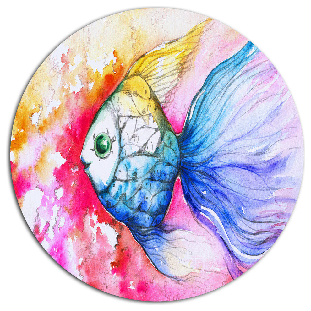 Blue Fish On Red Background, Animal Disc Metal Wall Art, 23"
