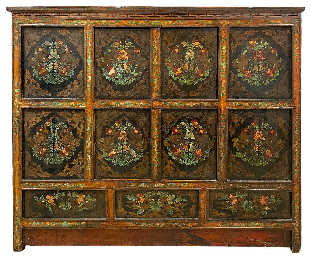 Consigned 19th Century Antique Tibetan Hand Painted Credenza Storage Cabinet