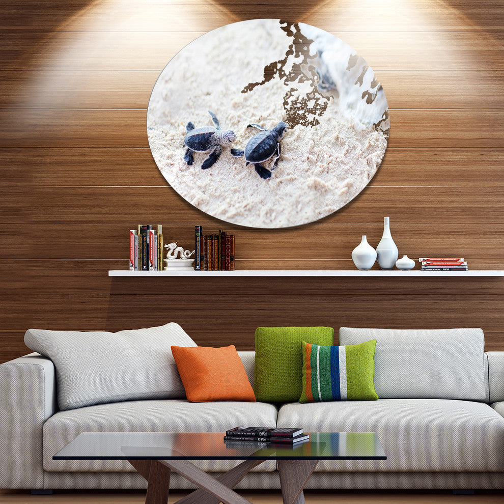 Baby Green Turtles On Sand, Animal Disc Metal Artwork, 36"
